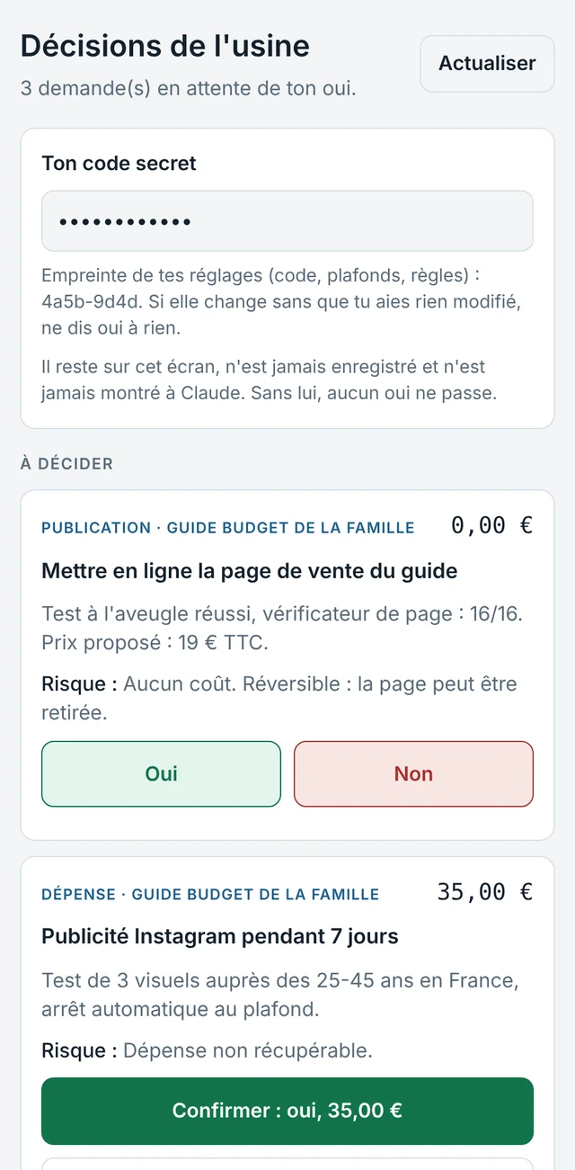 La page Décisions de l'usine sur un téléphone : une publicité de 35 € refusée par la base car elle dépasse le plafond de 20 €.